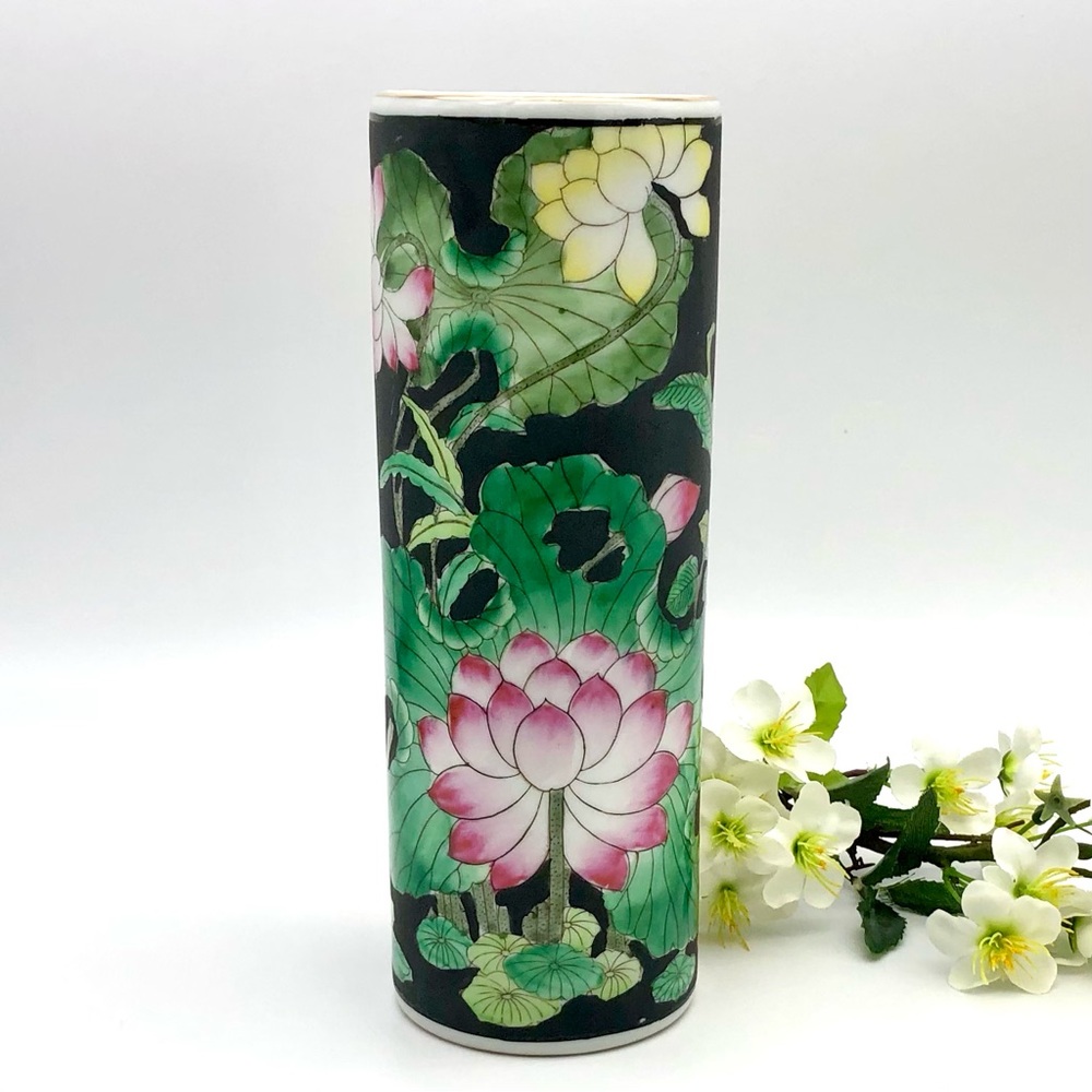 Chinese Porcelain Vase Hat Stand Famille Noire Floral Bird Lotus Qianlong Mark